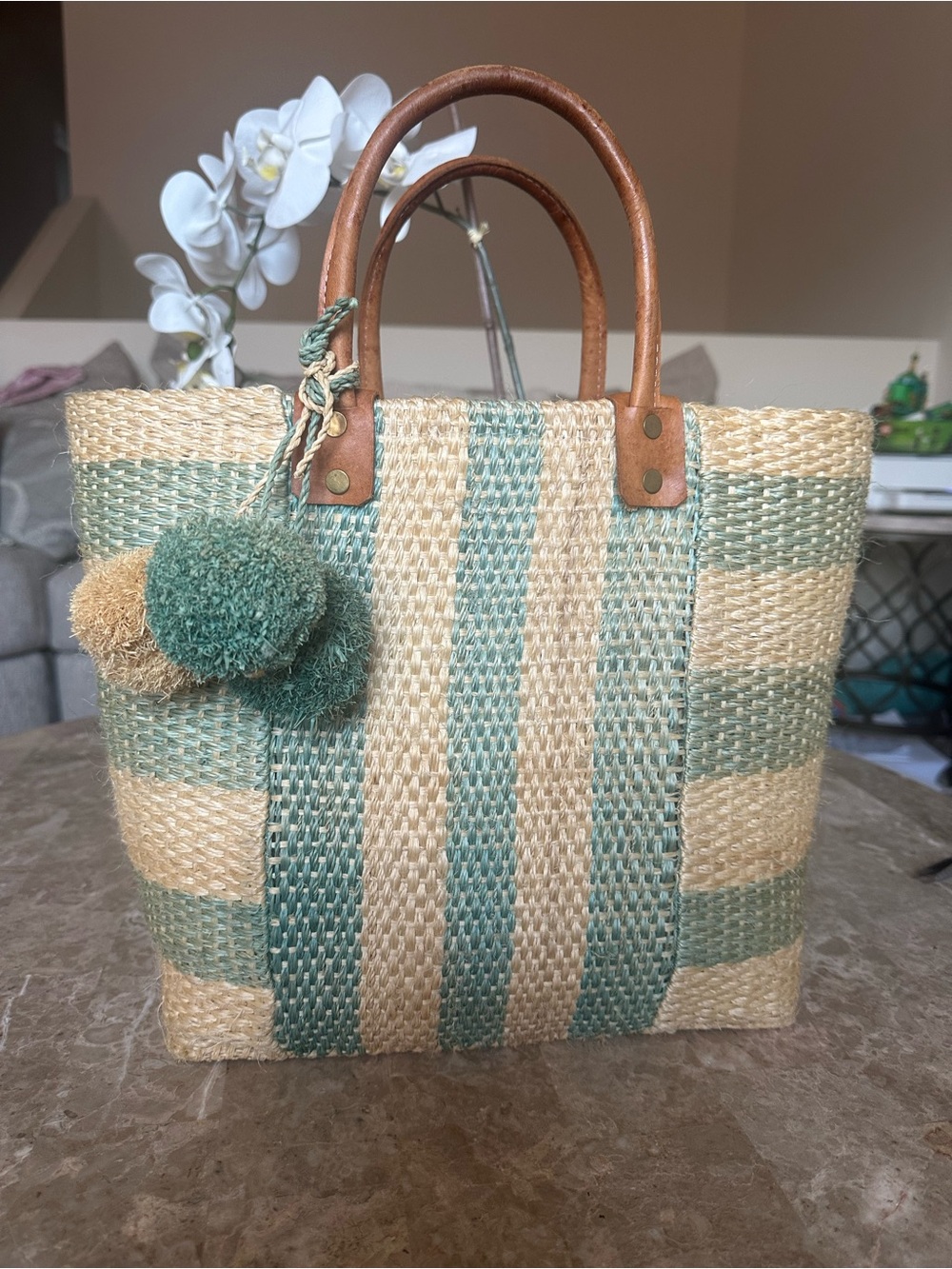 Mar Y Sol Collins Tote in the Teal and Cream striped colorway.